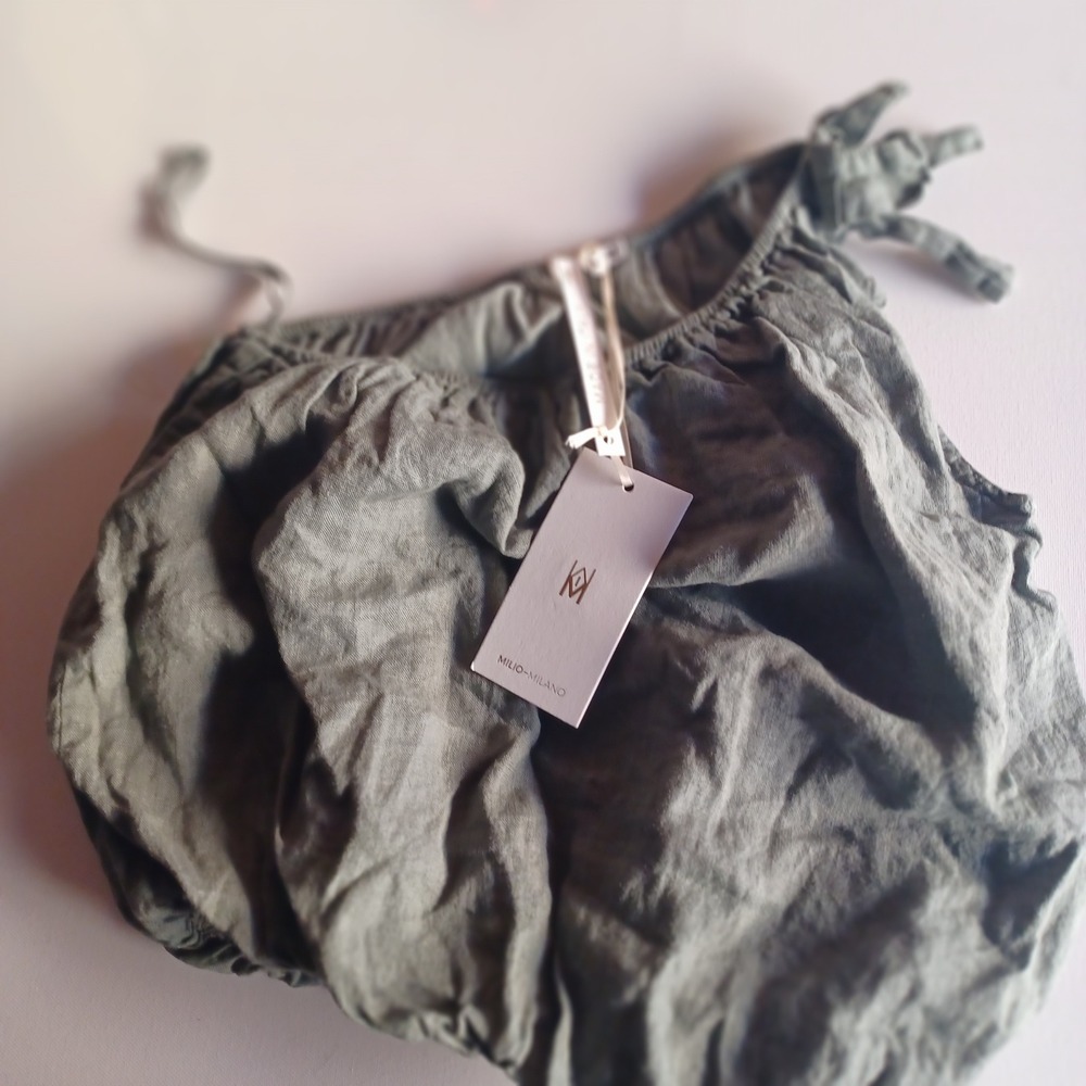 Milio Milano Women Linen Tie Strap Crop Top Green Made in Italy XS 155015